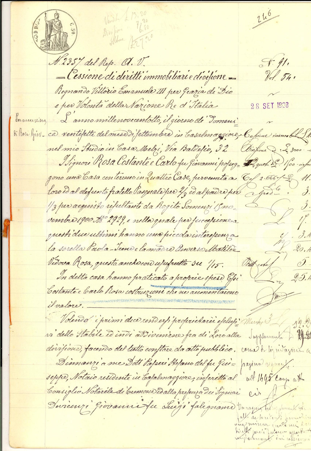 Documento originale, autentico 1908 QUATTRO CASE CR Paola Irene ROSA cede ai fratelli quota casa rurale 1