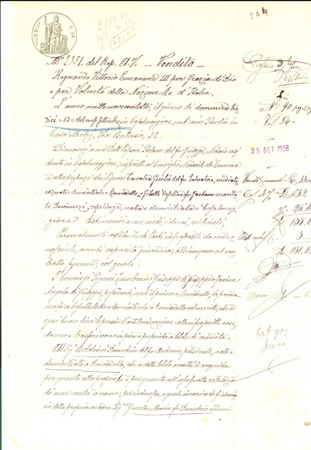 Documento originale, autentico 1908 RONCADELLO CR Giuseppe ZAMBRUNI vende casa a Maria GAVETTA BOLDRINI 1