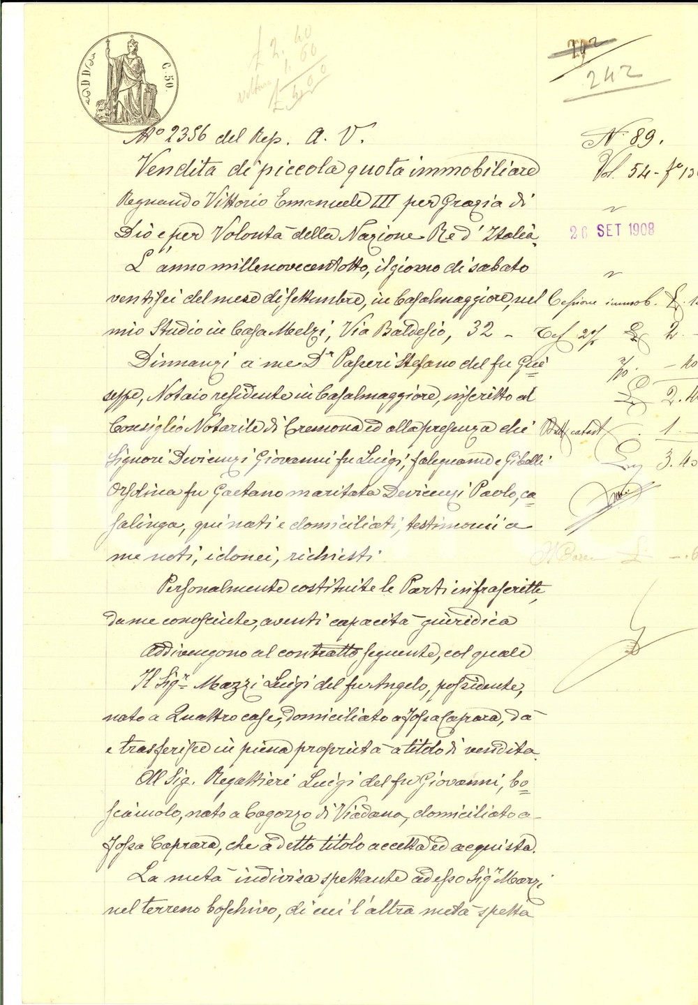Documento originale, autentico 1908 FOSSACAPRARA CR Luigi MAZZI vende parte bosco a Luigi RIGATTIERI 1