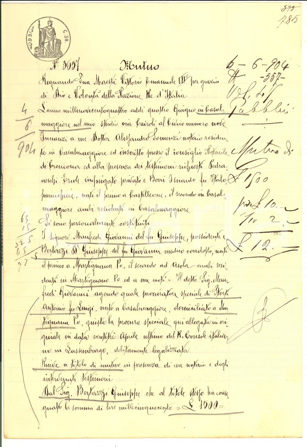 Documento originale, autentico 1907 MARTIGNANA PO  Prestito Giuseppe BERTAZZI ad Antonio STORTI Manoscritto 1