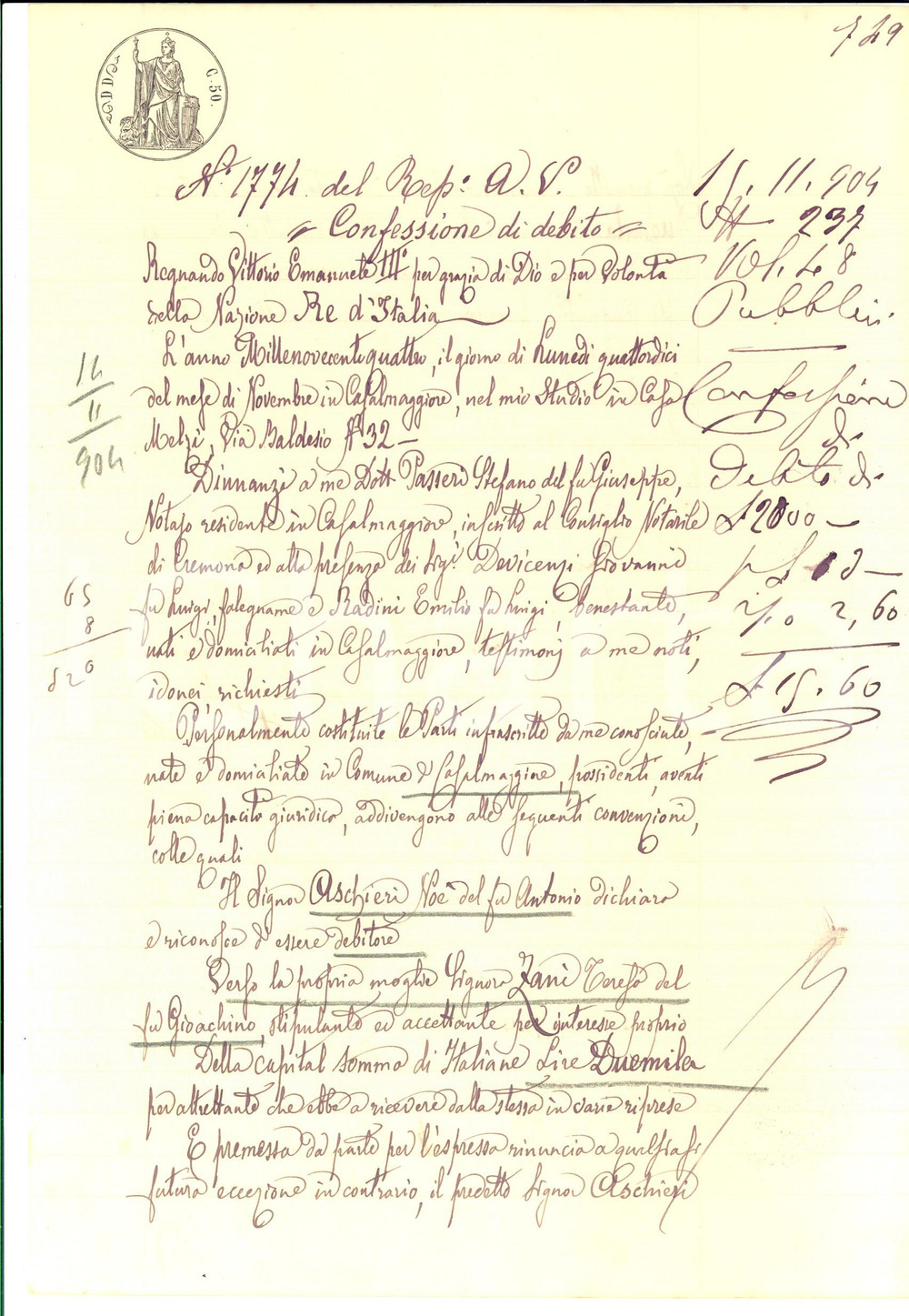 1904 CASALMAGGIORE Confessione debito Noè ASCHIERI verso la moglie Teresa ZANI