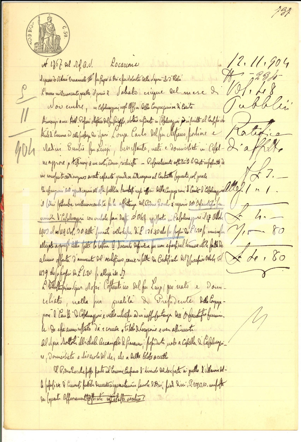 Documento originale, autentico 1904 RIVAROLO DEL RE Costantino ROSSI affitta podere a Michele Arcangelo BOTTOLI 1