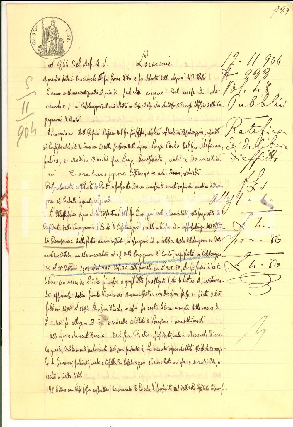 Documento originale, autentico 1904 RIVAROLO DEL RE Costantino ROSSI affitta podere con casa a Teresa SACCENTI 1