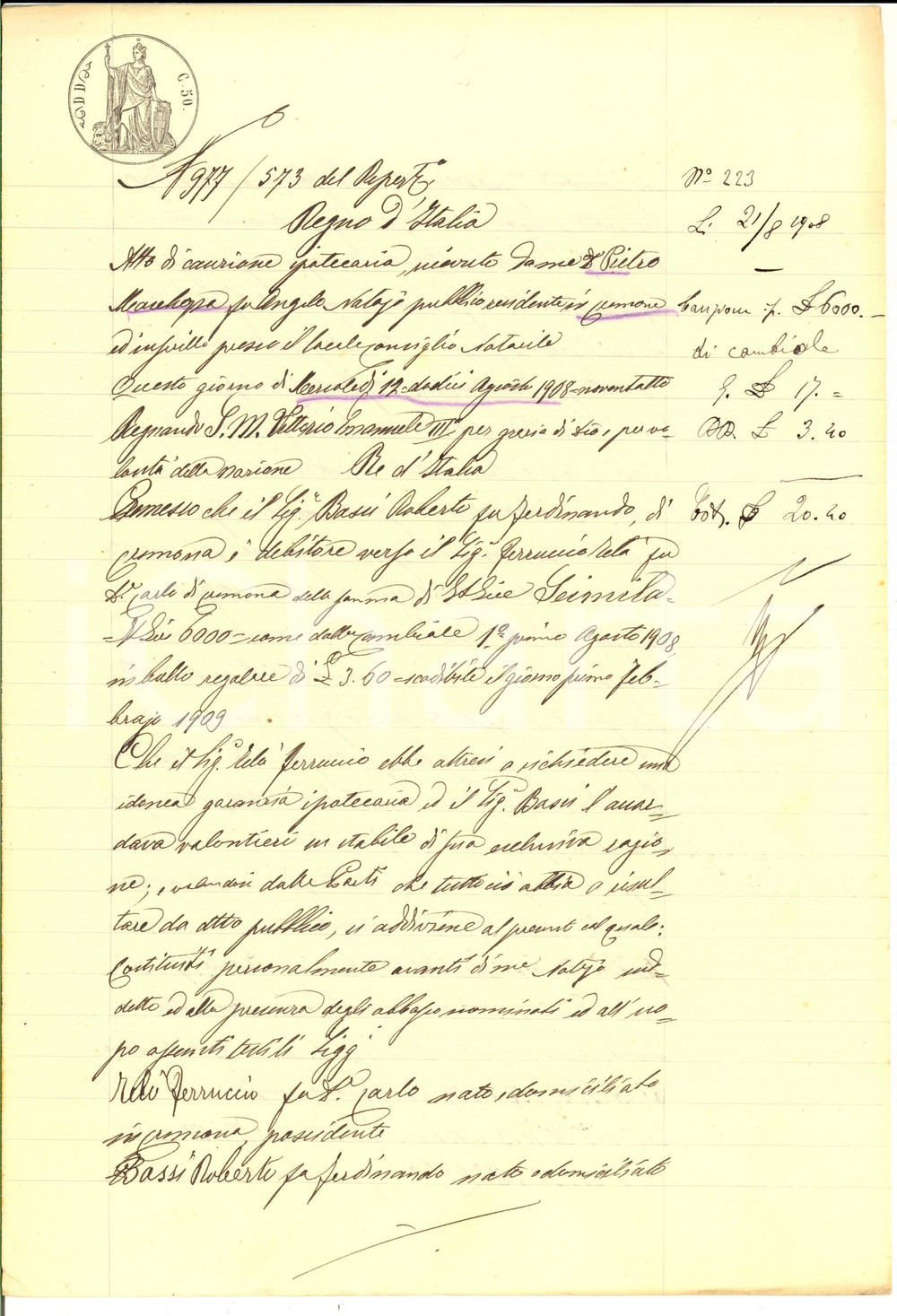 Documento originale, autentico 1908 CREMONA Roberto BASSI garantisce prestito con immobile Manoscritto 1