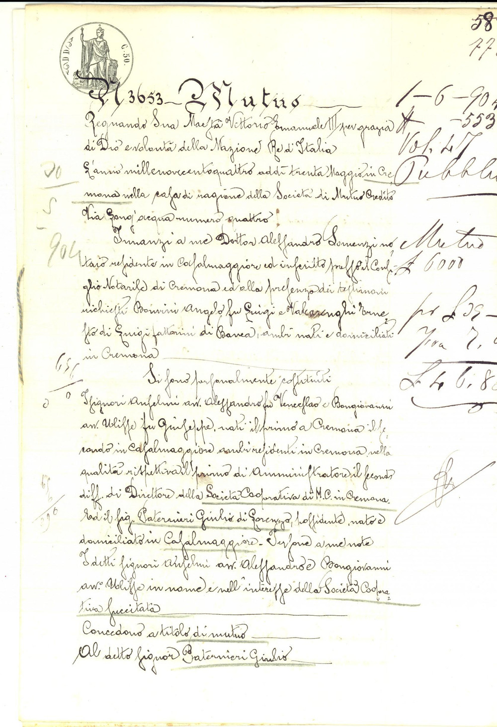 Documento originale, autentico 1904 CREMONA Prestito SocietÃ  Popolare Mutuo Credito a Giulio PATERNIERI 1