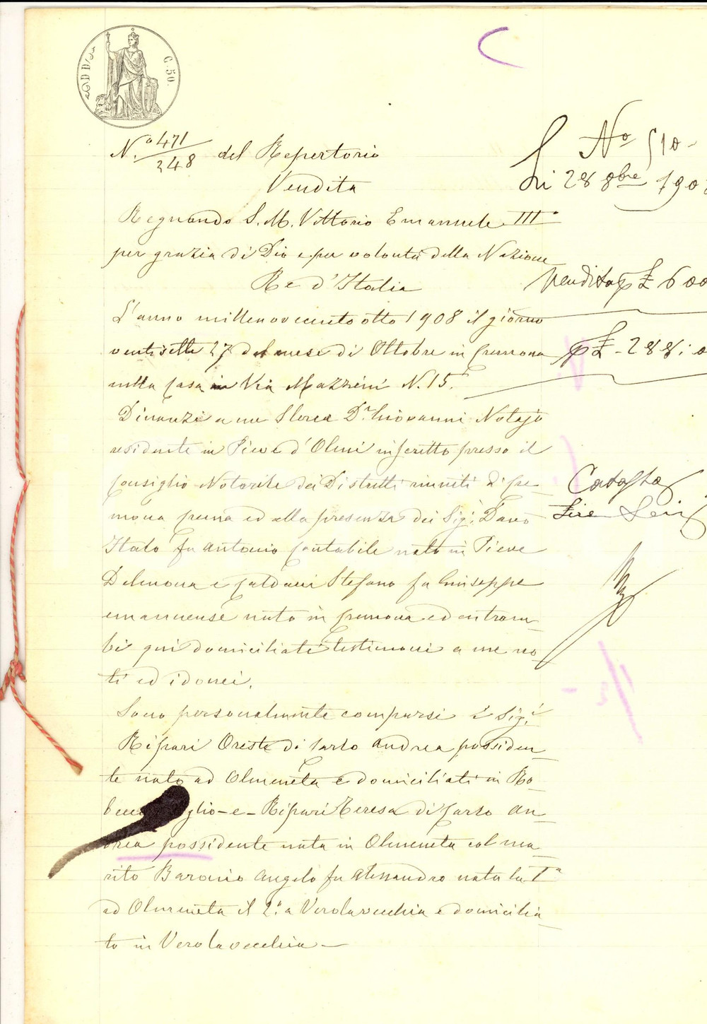 Documento originale, autentico 1908 ROBECCO D OGLIO CR Oreste RIPARI vende parte campo alla sorella Teresa 1