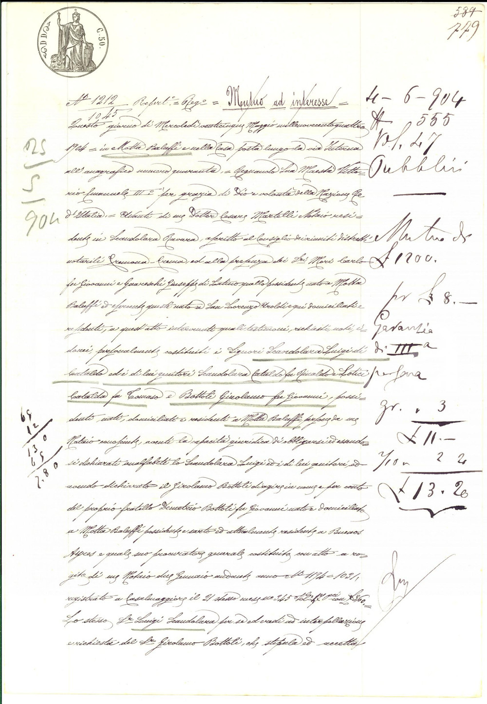 Documento originale, autentico 1904 MOTTA BALUFFI CR Prestito di Demetrio BOTTOLI a Luigi SCANDOLARA 1