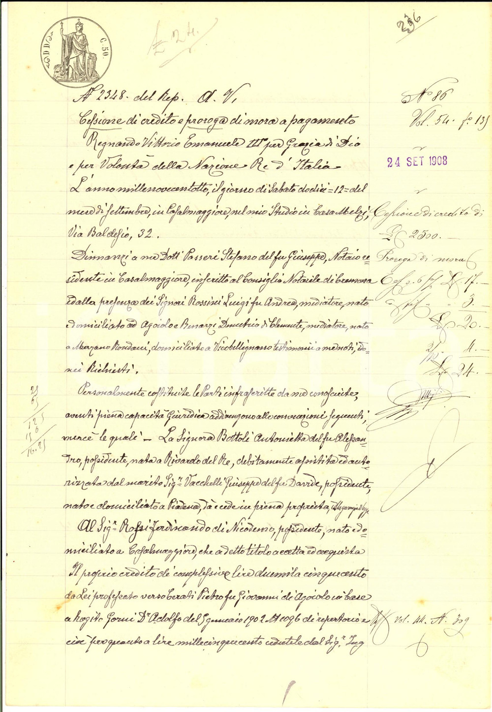 Documento originale, autentico 1908 PIADENA Cessione di credito Antonietta BOTTOLI a Ferdinando ROSSI 1