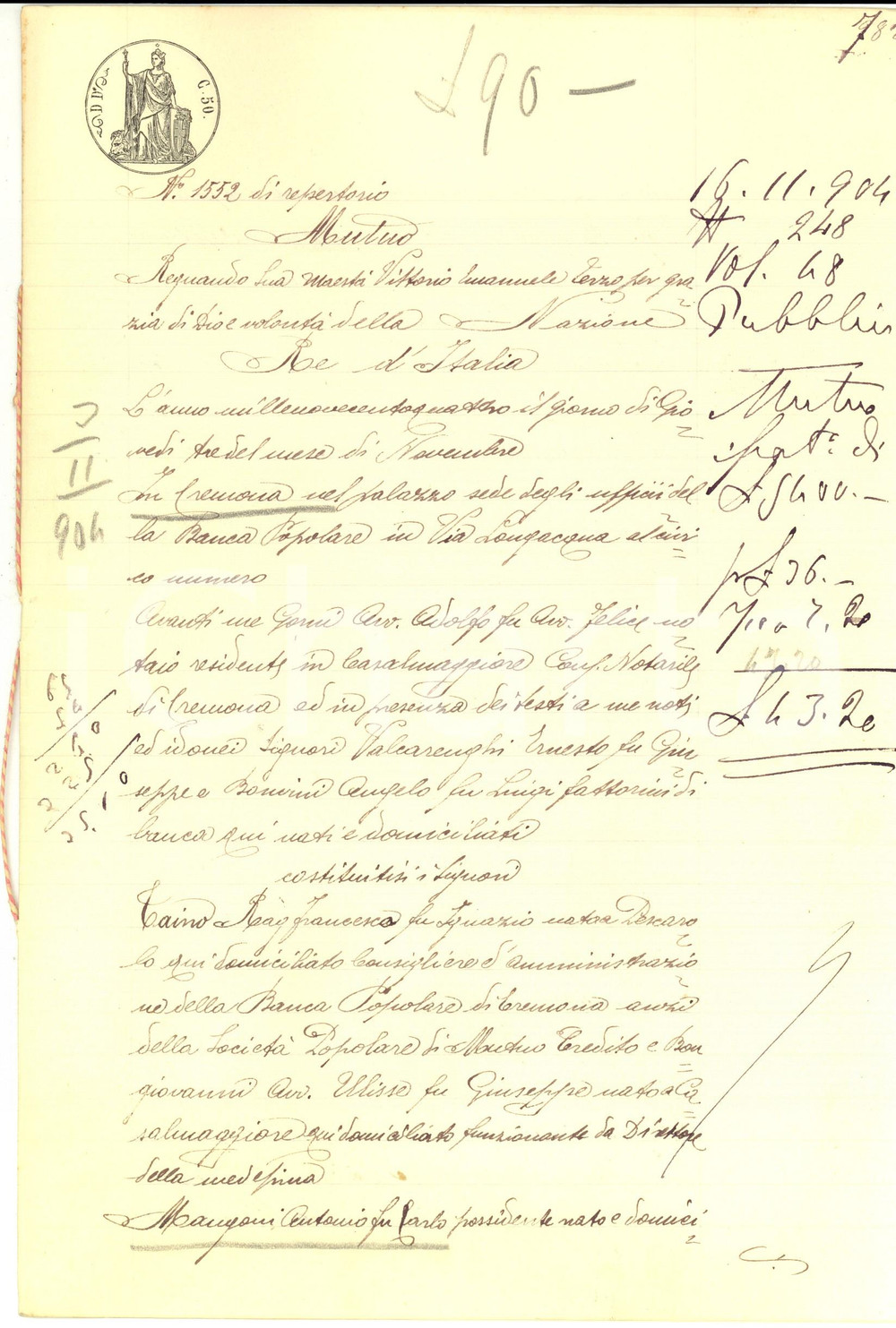 Documento originale, autentico 1904 CREMONA Prestito Società Popolare Mutuo Credito ad Antonio MANGONI GUSSOLA 1