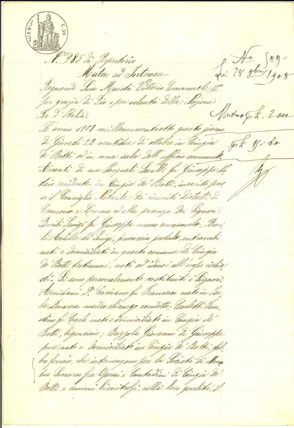 Documento originale, autentico 1908 CINGIA DE  BOTTI Prestito della SocietÃ  Mutuo Soccorso a Gualtiero GALLI 1