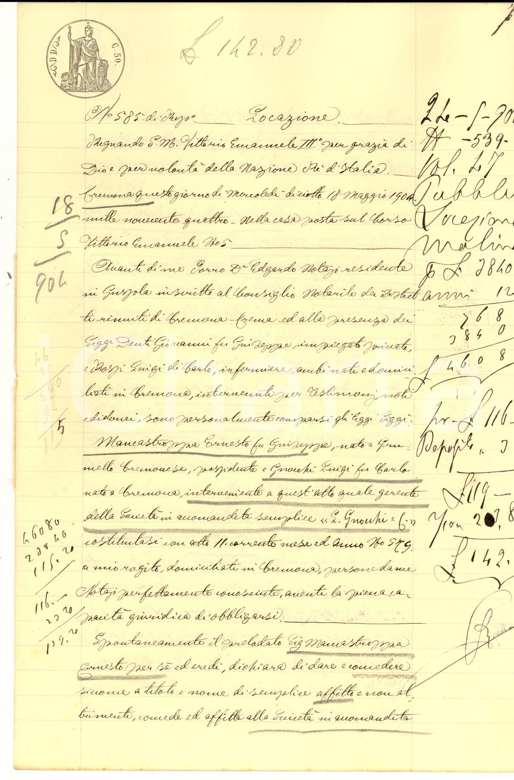 Documento originale, autentico 1904 ACQUANEGRA SUL CHIESE Affitto mulino Ernesto MANCASTROPPA a società GNOCCHI 1