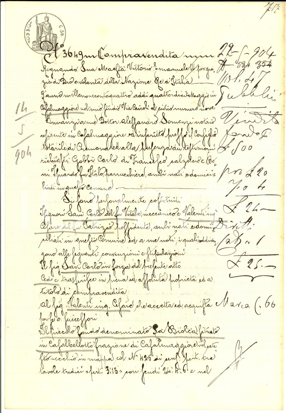 Documento originale, autentico 1904 CASALBELLOTTO Carlo SAVI vende fondo LA BIOLCA all ing. Cesare VALENTI 1