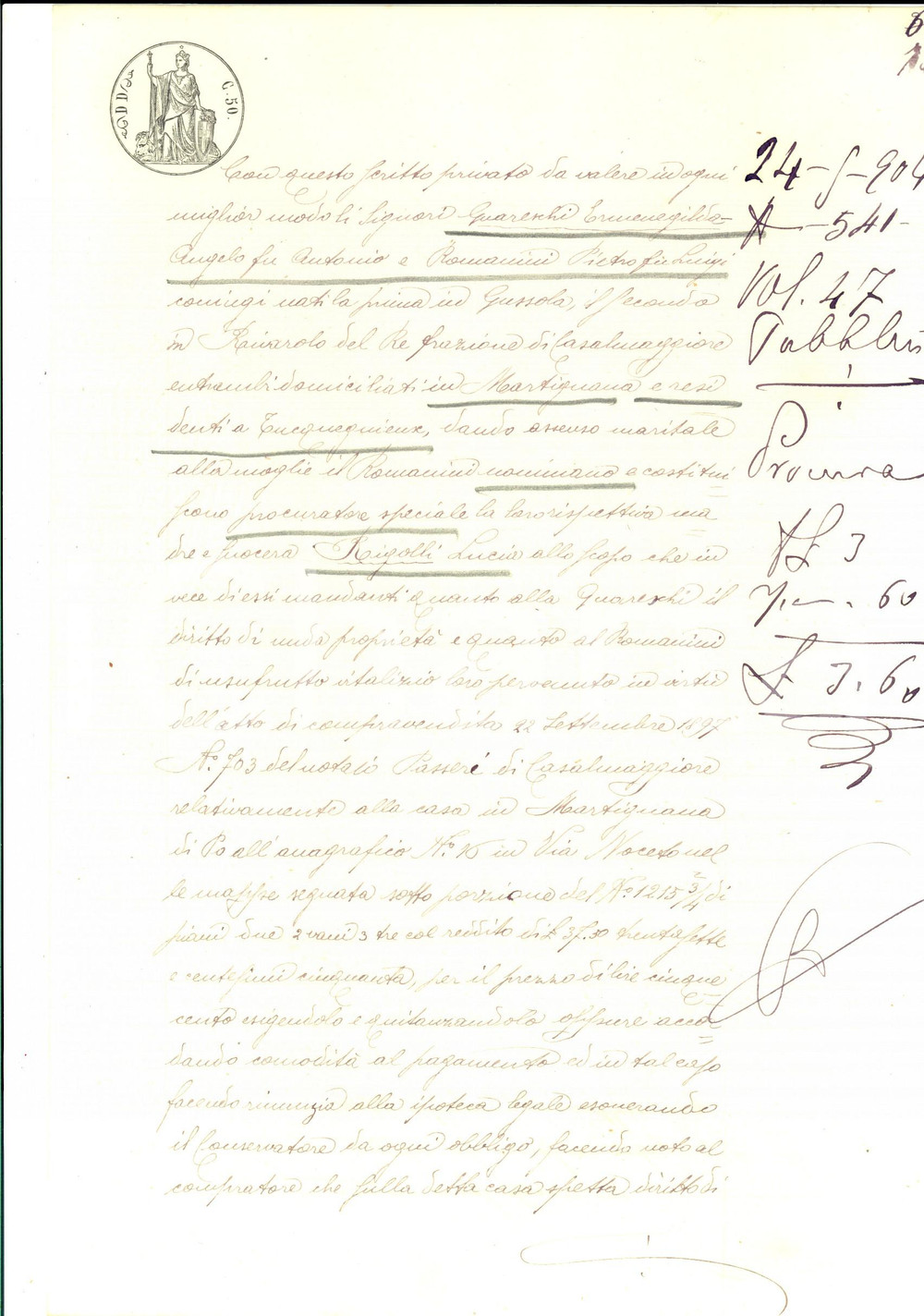 Documento originale, autentico 1904 MARTIGNANA PO Scrittura privata per procura Pietro ROMANINI a Lucia RIGOLLI 1