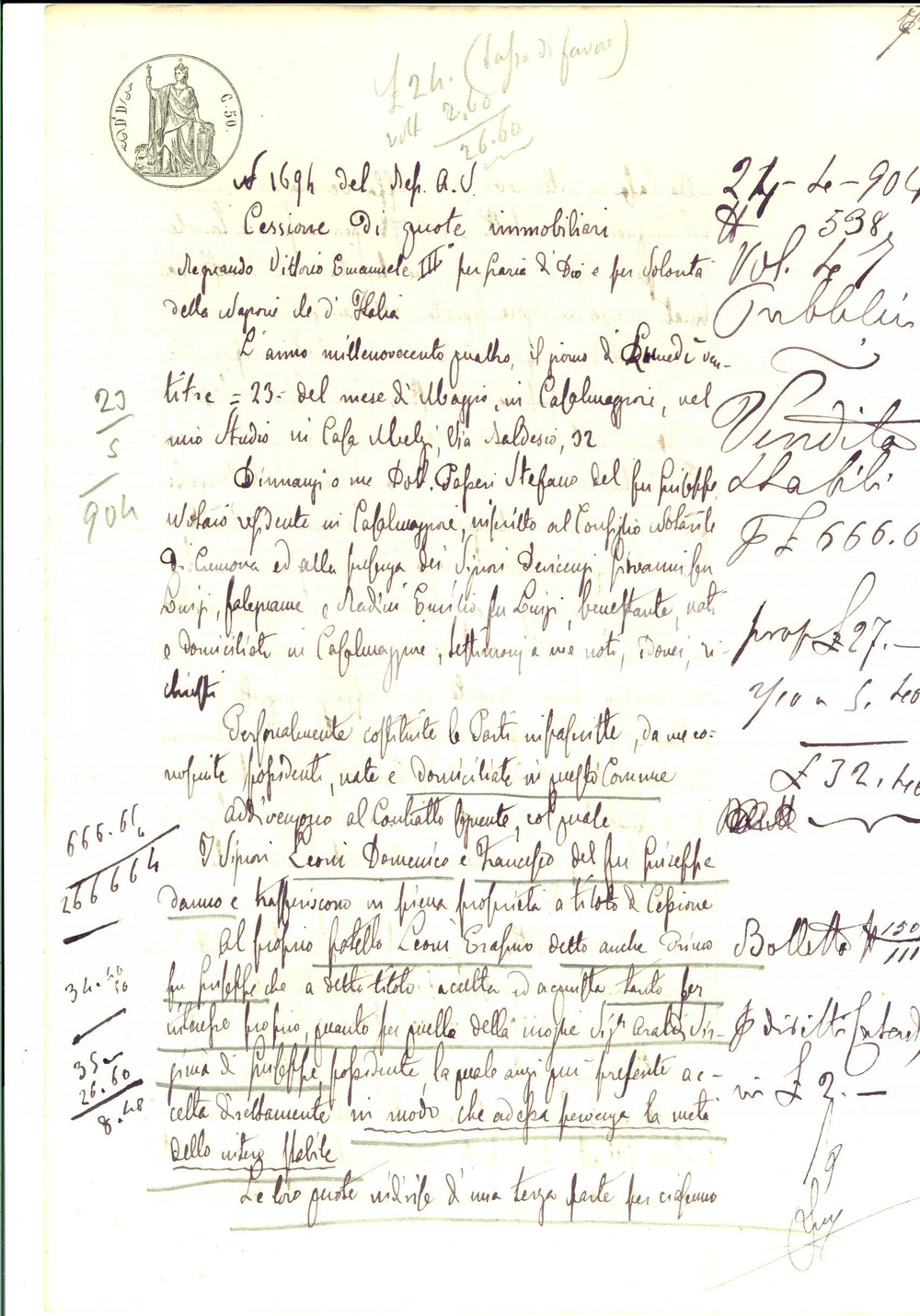 Documento originale, autentico 1904 VILLANOVA CR Domenico e Francesco LEONI cedono casa al fratello Erasmo 1