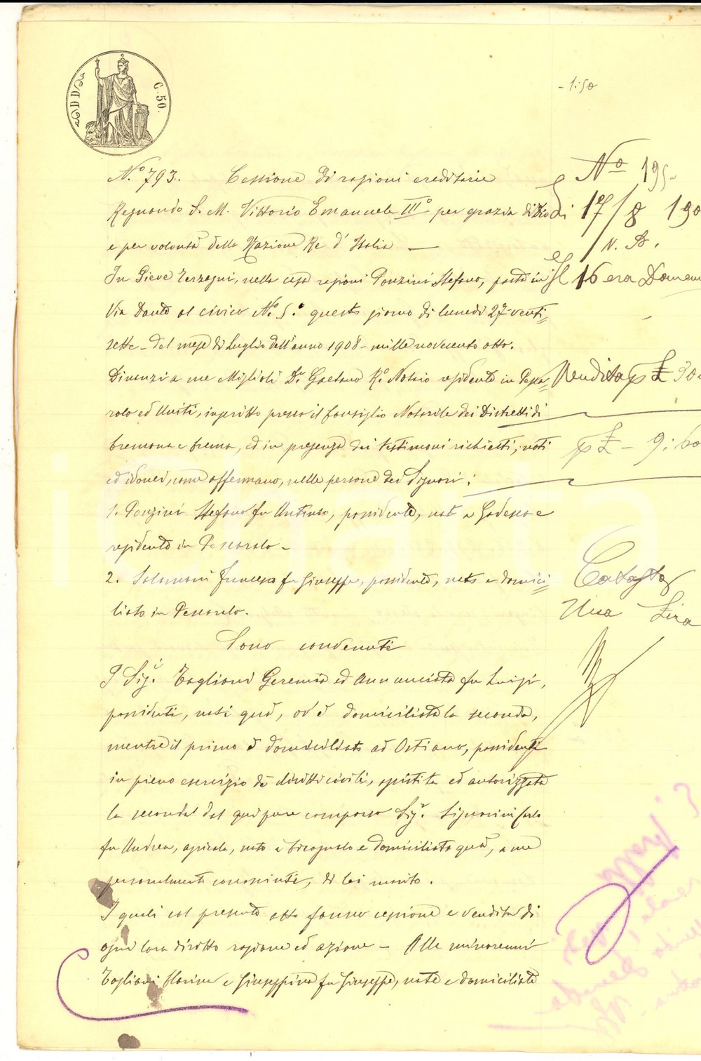 Documento originale, autentico 1908 PIEVE TERZAGNI CR Cessione ragioni Geremia TAGLIONI su casetta ereditata 1