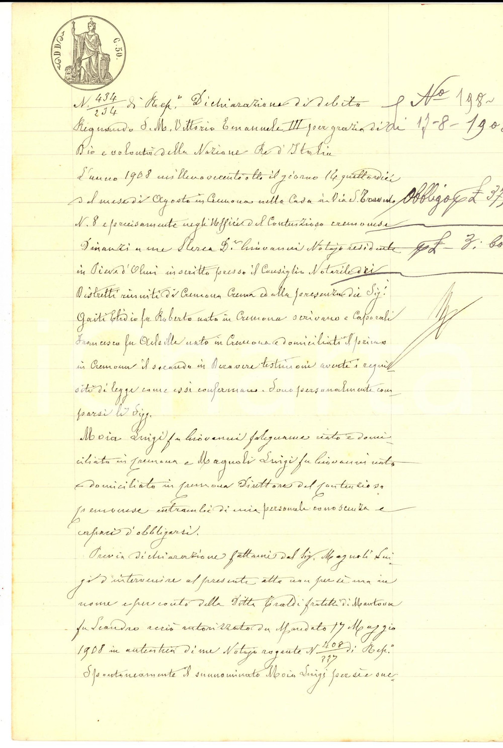 Documento originale, autentico 1908 CREMONA Dichiarazione debito Luigi MOIA verso fratelli TRALDI Manoscritto 1