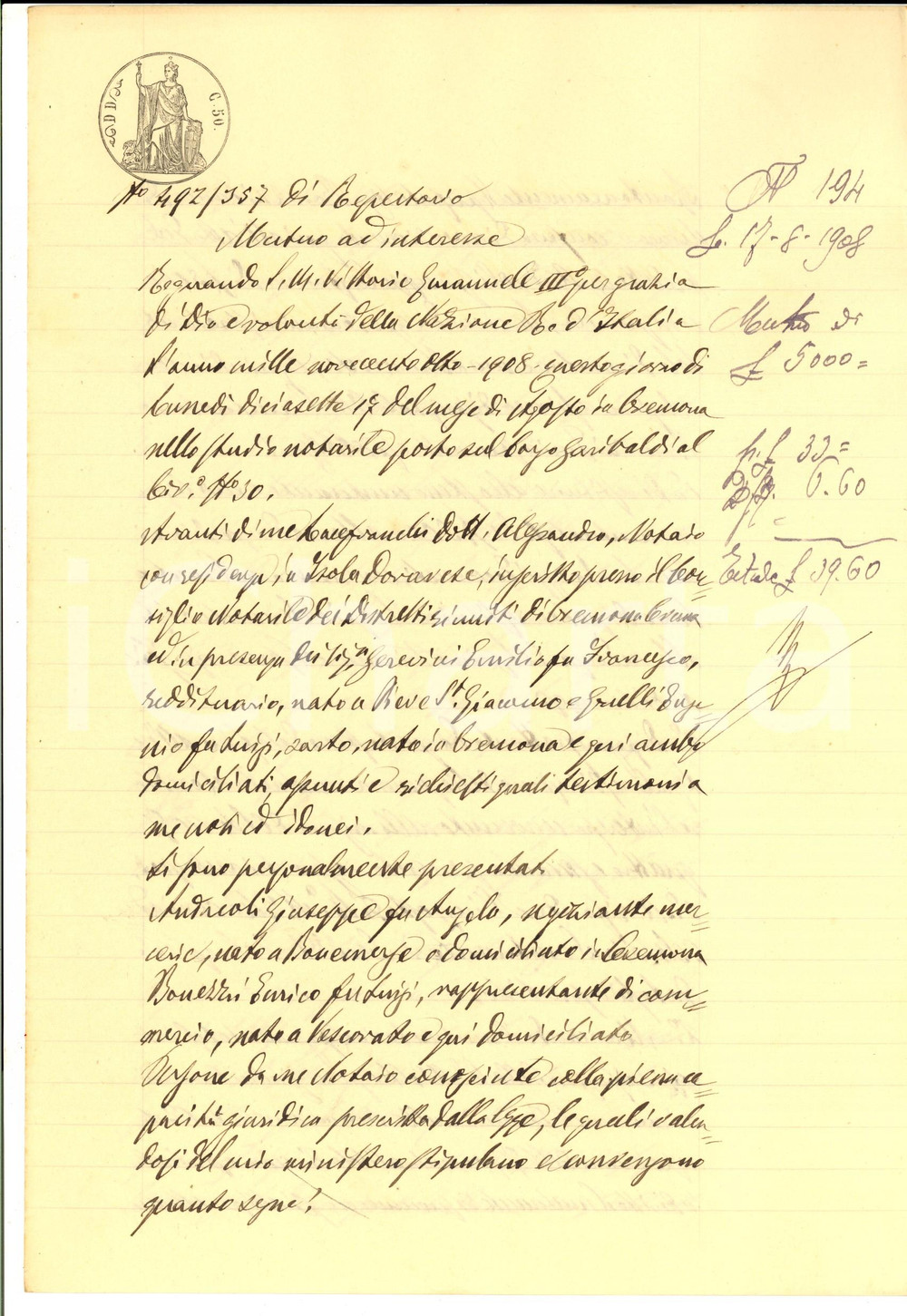 Documento originale, autentico 1908 CREMONA Contratto di mutuo tra Giuseppe ANDREOLI ed Enrico BONEZZI 1