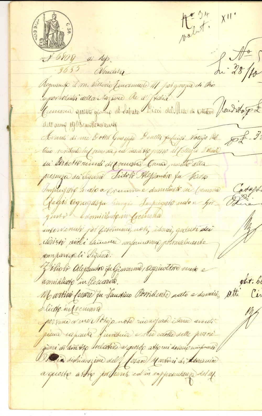 Documento originale, autentico 1908 VESCOVATO Don Gerolamo BODRINI vende campo ad Alessandro ZELIOLI 1