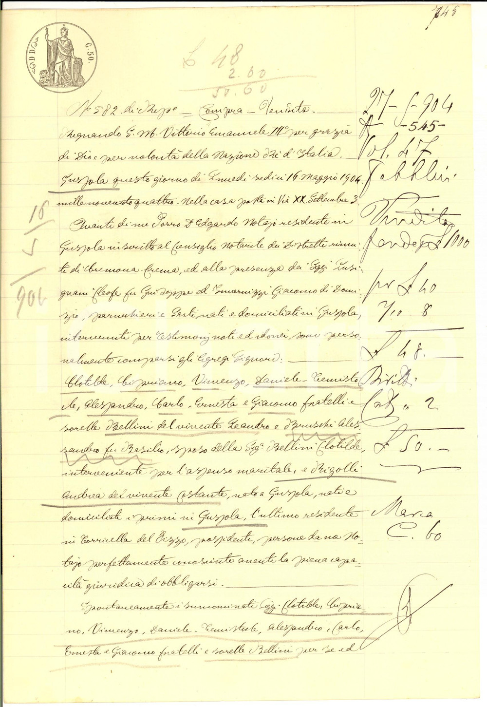 Documento originale, autentico 1904 GUSSOLA CR Fratelli BELLINI vendono parte campo CHIOSO ad Andrea RIGOLLI 1