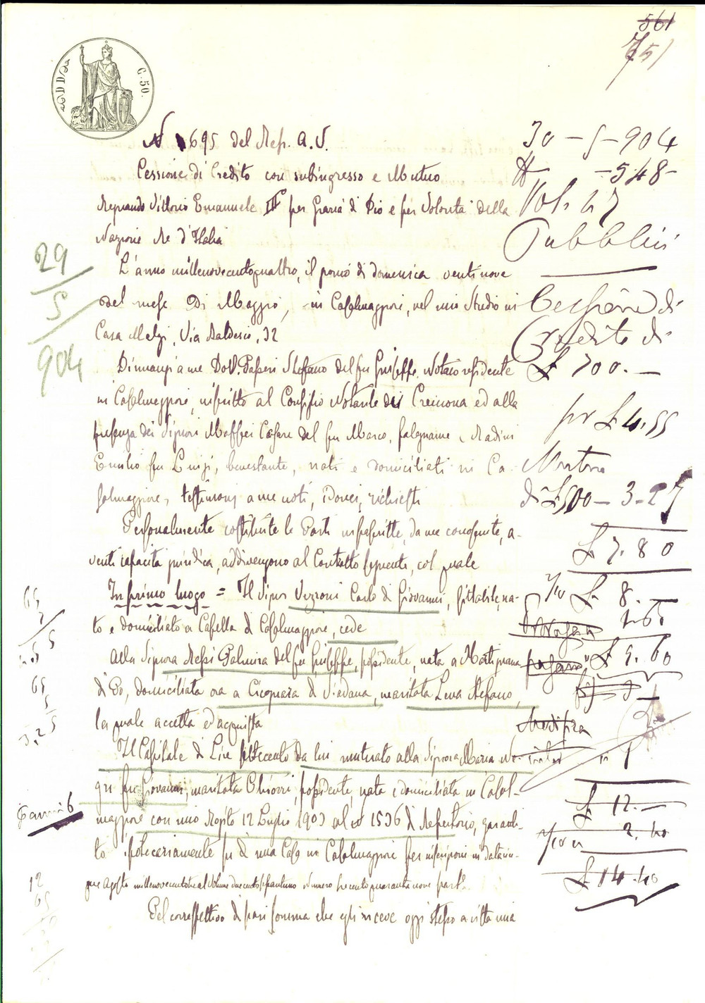 Documento originale, autentico 1904 CASELLA / CASALMAGGIORE Cessione di credito Carlo VEZZONI a Palmira NEPI 1