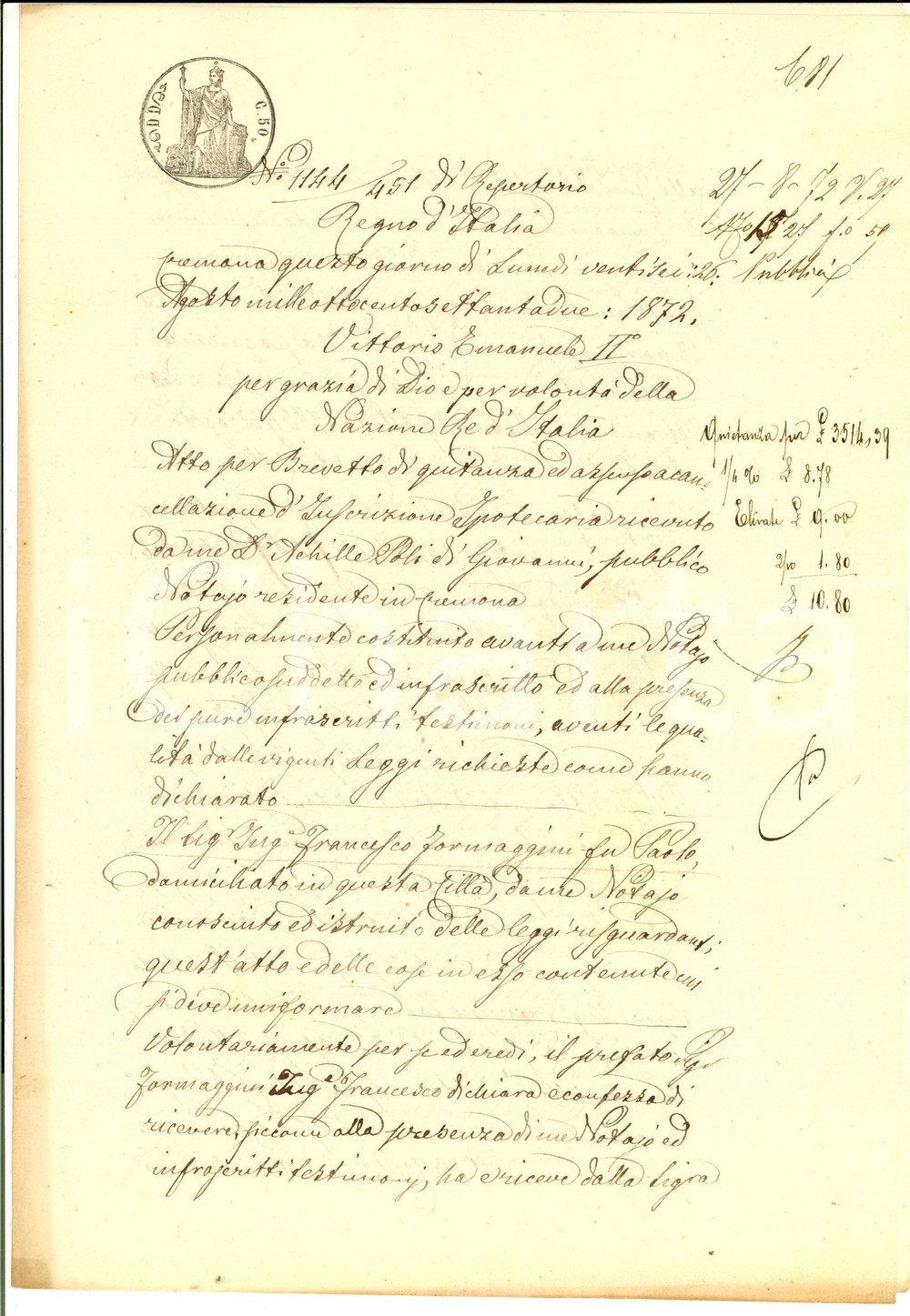 Documento originale, autentico 1872 CREMONA Quietanza ing. Francesco FORMAGGINI a Giuditta CELLI Manoscritto 1