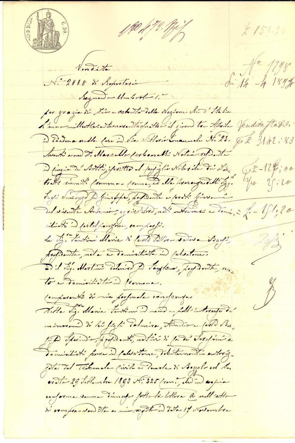 Documento originale, autentico 1894 CA  DE SORESINI CR Maria FANTINI vende terre pro figli minorenni BASSI 1