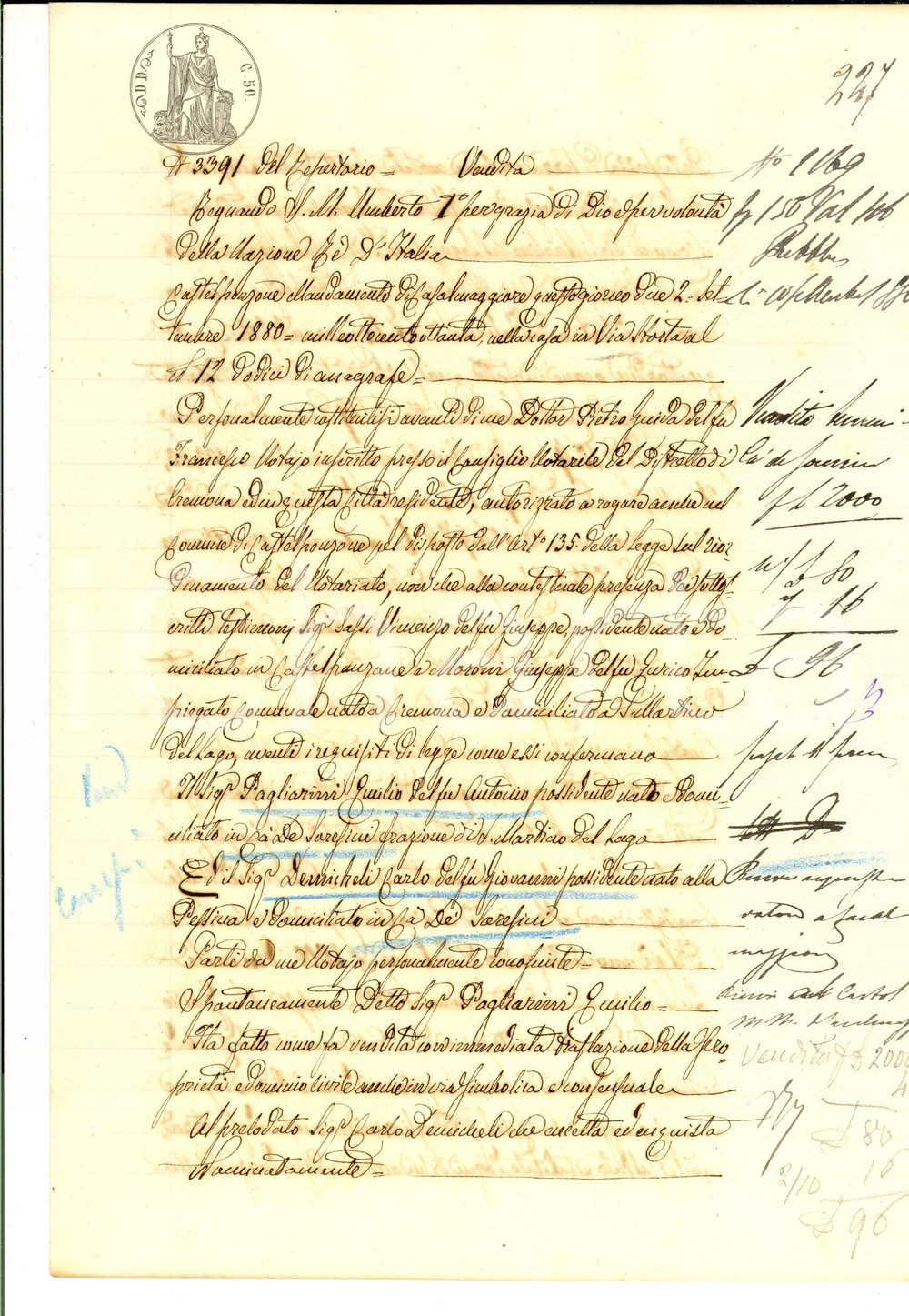Documento originale, autentico 1880 CA  DE SORESINI CR Giulio PAGLIARINI vende terra a Carlo DEMICHELI 1