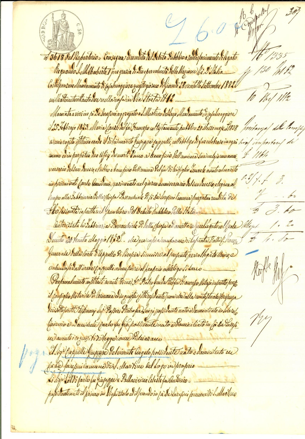 Documento originale, autentico 1882 CA  DE SORESINI Giuseppe CAPPELLI consegna rendita a Fabbriceria chiesa 1