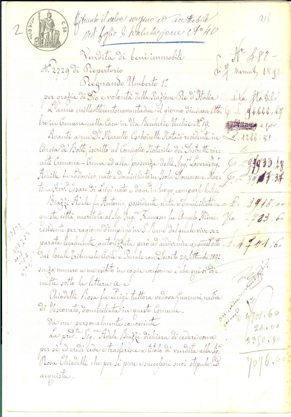 Documento originale, autentico 1892 CAPPELLA DE  PICENARDI Adele BIAZZI vende podere a Rosa CHIODELLI 1