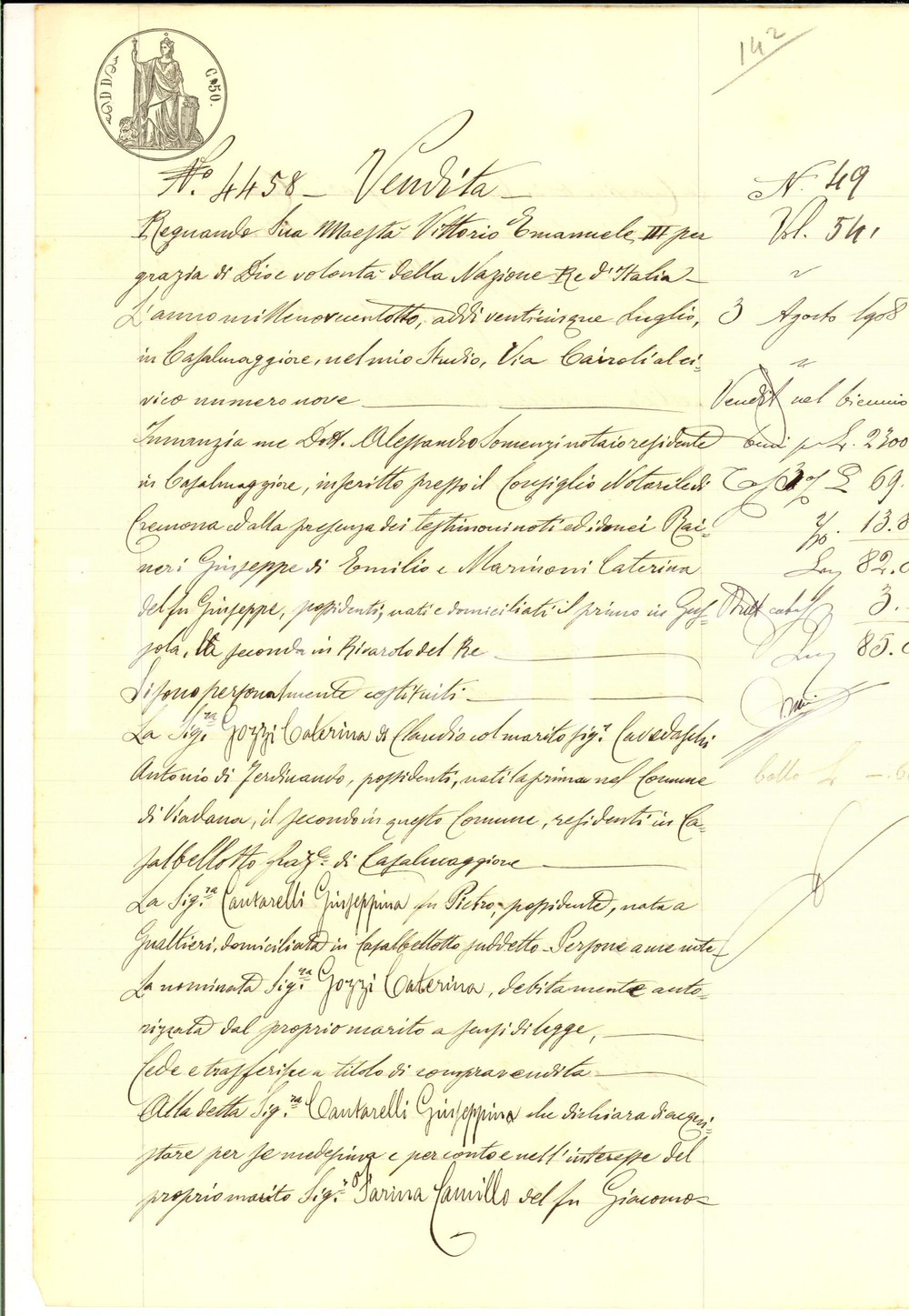 Documento originale, autentico 1908 CASALBELLOTTO CR Caterina GOZZI vende casa a Giuseppina CANTARELLI 1