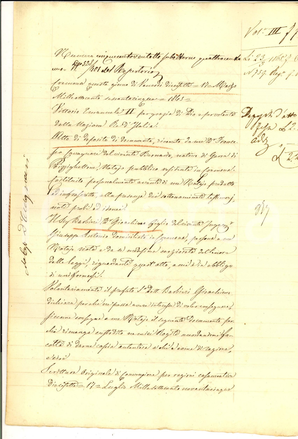 Documento originale, autentico 1865 CREMONA Atto di deposito di Gioacchino BARBIERI per convenzione su pozzo 1