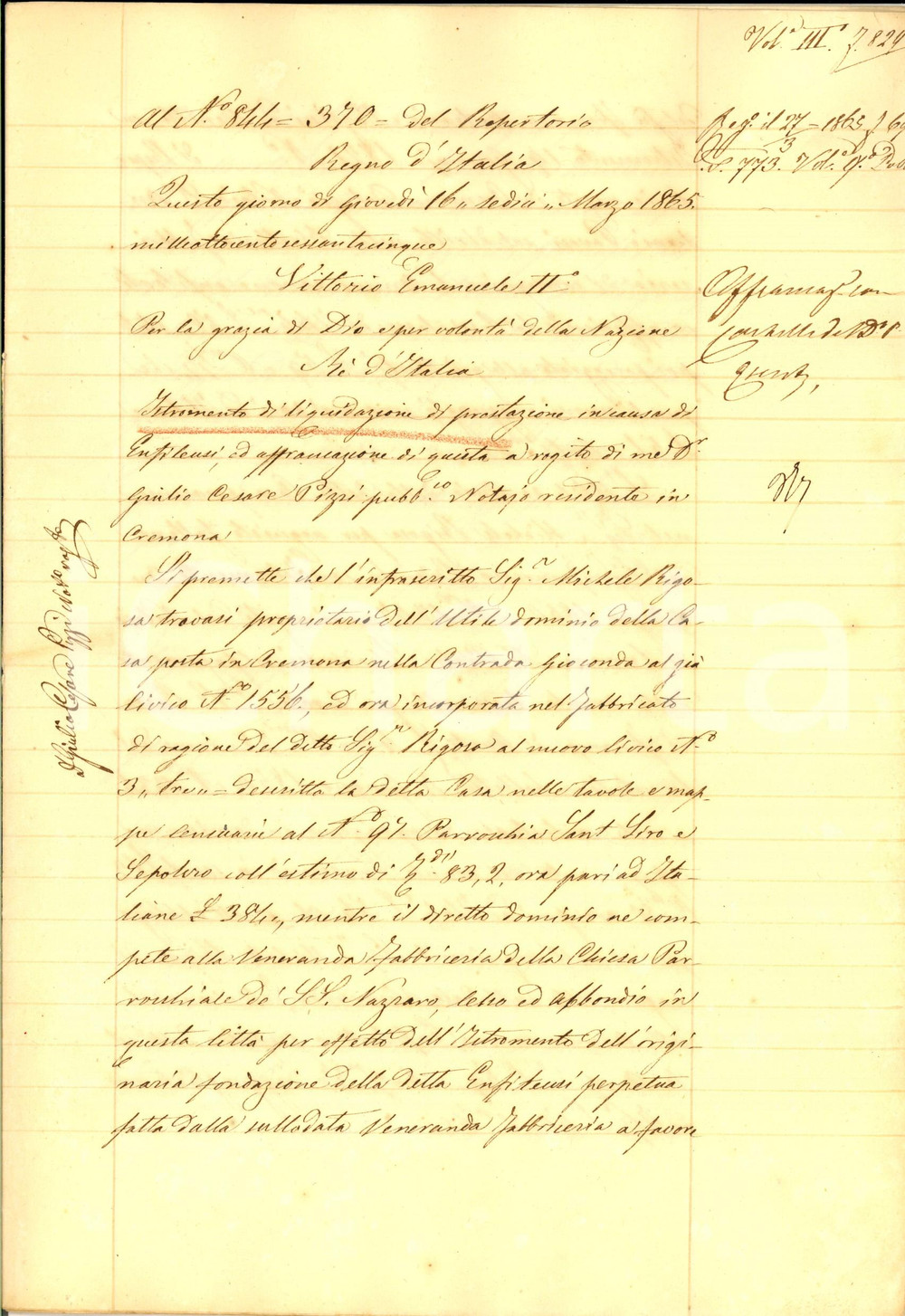 Documento originale, autentico 1865 CREMONA Liquidazione per enfiteusi Michele RIGOSA vs Fabbriceria S. NAZZARO 1
