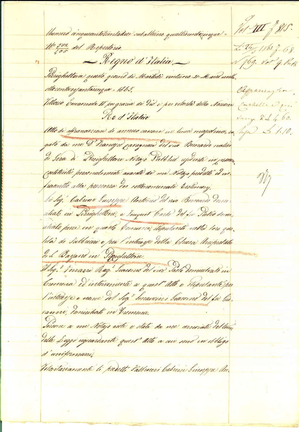 Documento originale, autentico 1865 PIZZIGHETTONE Affrancazione canone Giacomo SMANCINI pro chiesa SAN BASSIANO 1