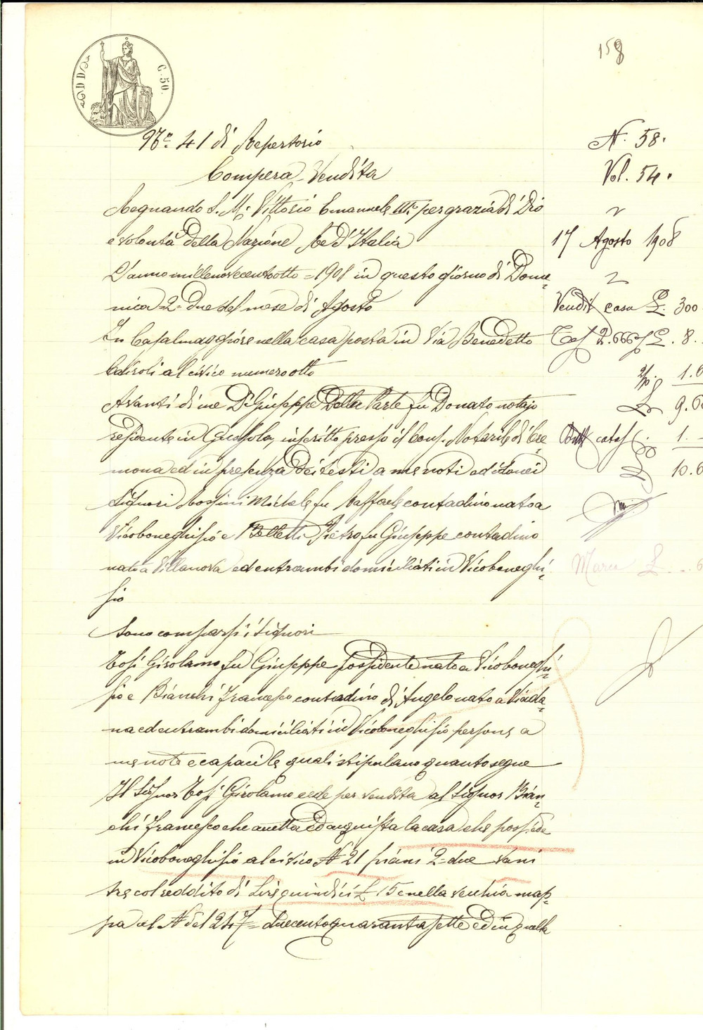 Documento originale, autentico 1908 VICOBONEGHISIO CR Girolamo TOSI vende casa a Francesco BIANCHI 1