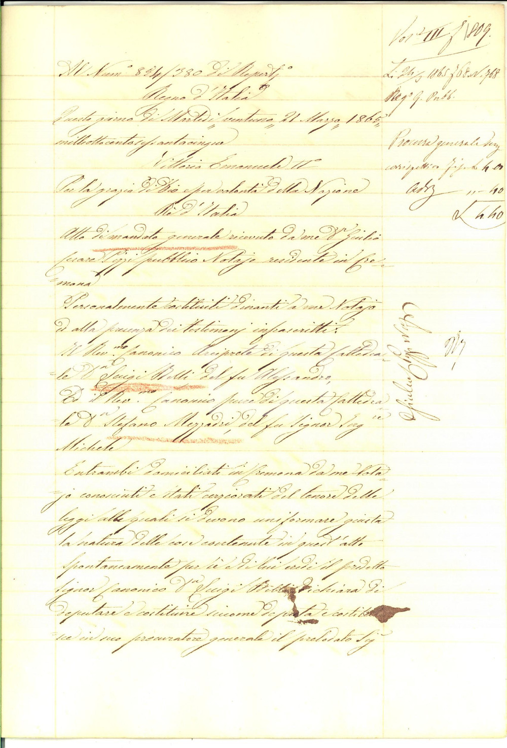 Documento originale, autentico 1865 CREMONA Procura don Luigi BELLI a don Stefano MEZZADRI Manoscritto 1