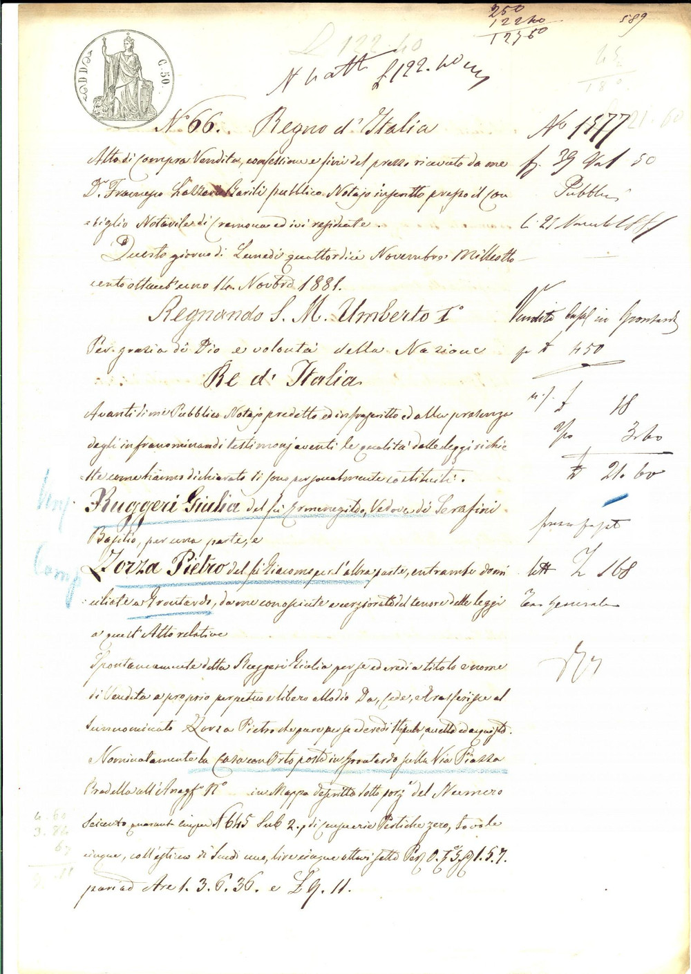 Documento originale, autentico 1881 GRONTARDO CR Giulia RUGGERI vende casa con orto a Pietro ZORZA 1