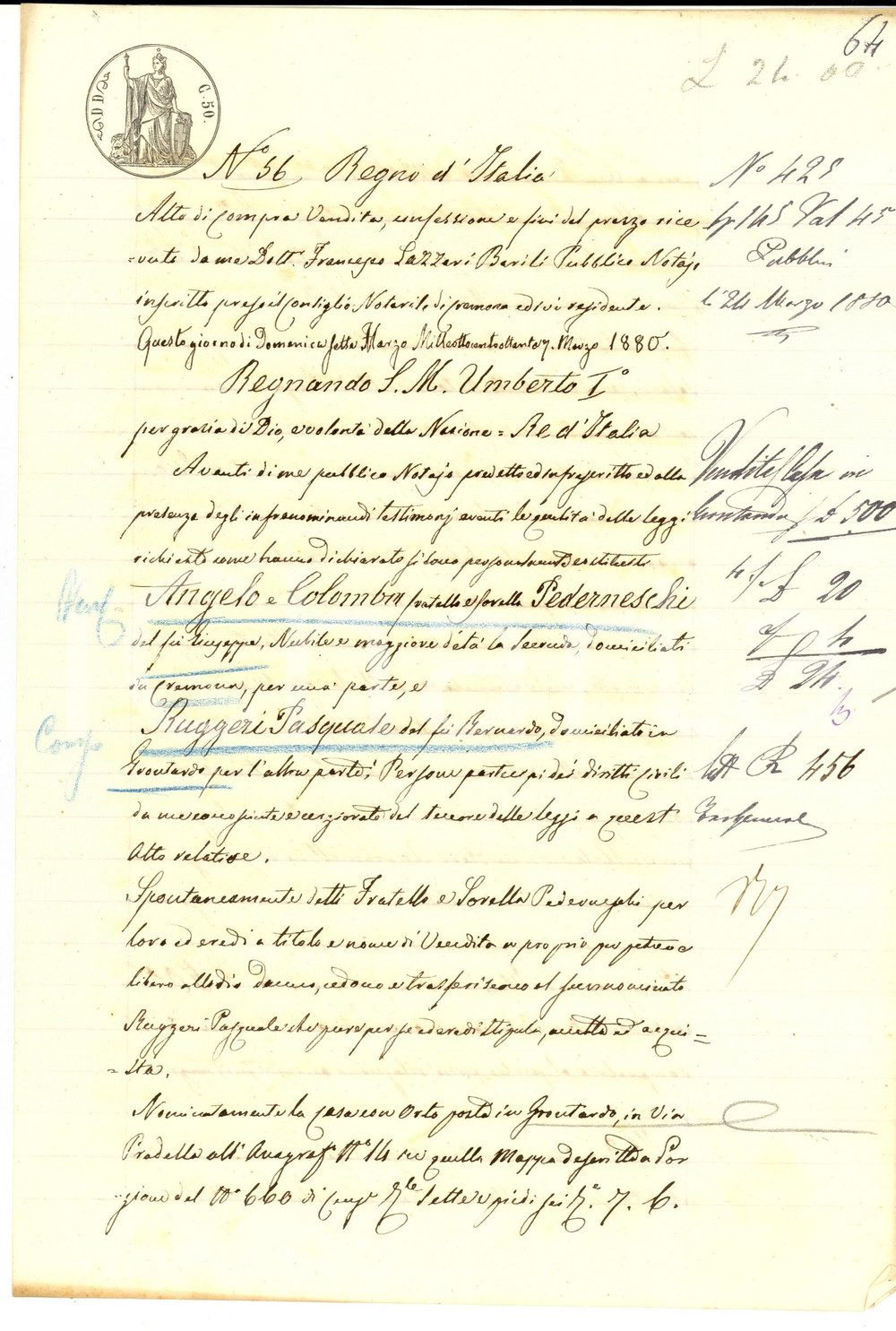 Documento originale, autentico 1880 GRONTARDO Fratelli PEDERNESCHI vendono casa con orto a Pasquale RUGGERI 1