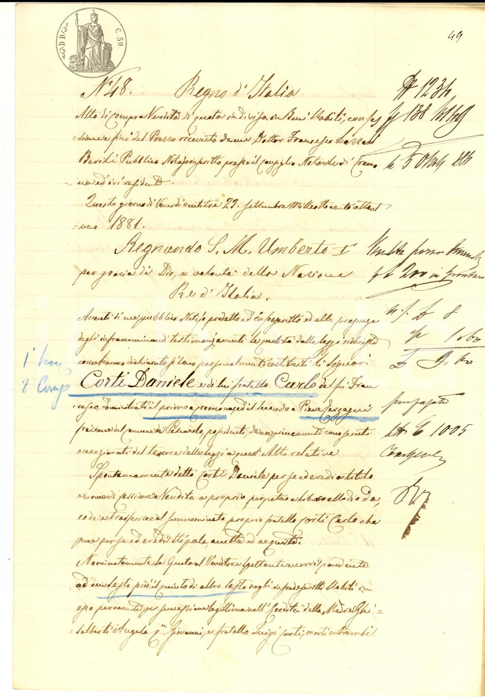Documento originale, autentico 1881 GRONTARDO CR Daniele CORTI vende al fratello Carlo quota ereditaria 1