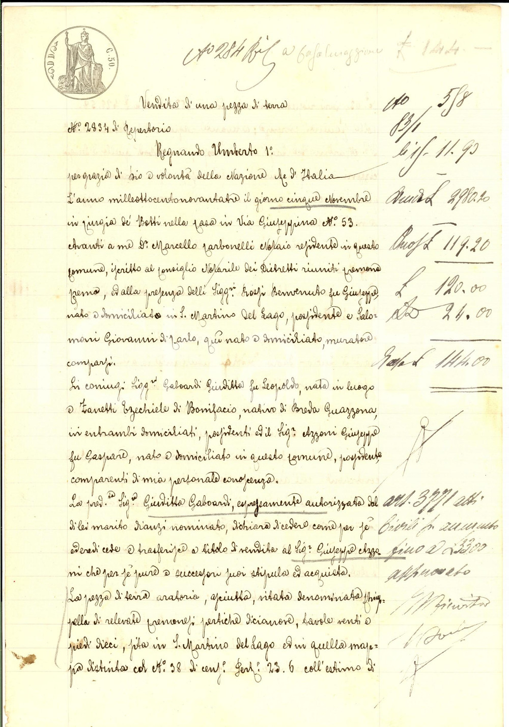 Documento originale, autentico 1893 SAN MARTINO DEL LAGO CR Giuditta GABOARDI vende terra a Giuseppe AZZONI 1
