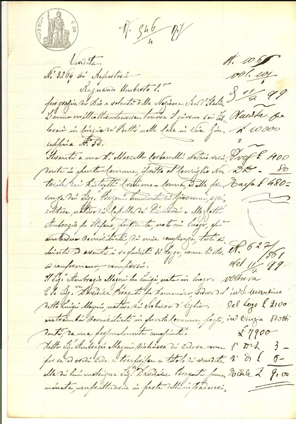 Documento originale, autentico 1899 SAN MARTINO DEL LAGO CR Ambrogio MAGNI vende campo a Davidica BRAGANTI 1