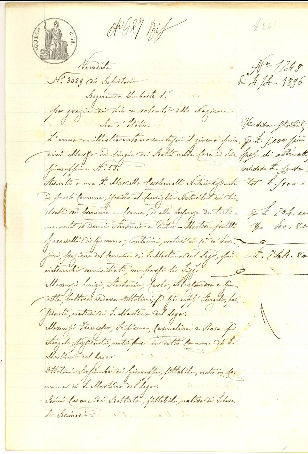 Documento originale, autentico 1896 SAN MARTINO DEL LAGO Famiglia MARENZI vende cascina a Teresa STRINGHINI 1