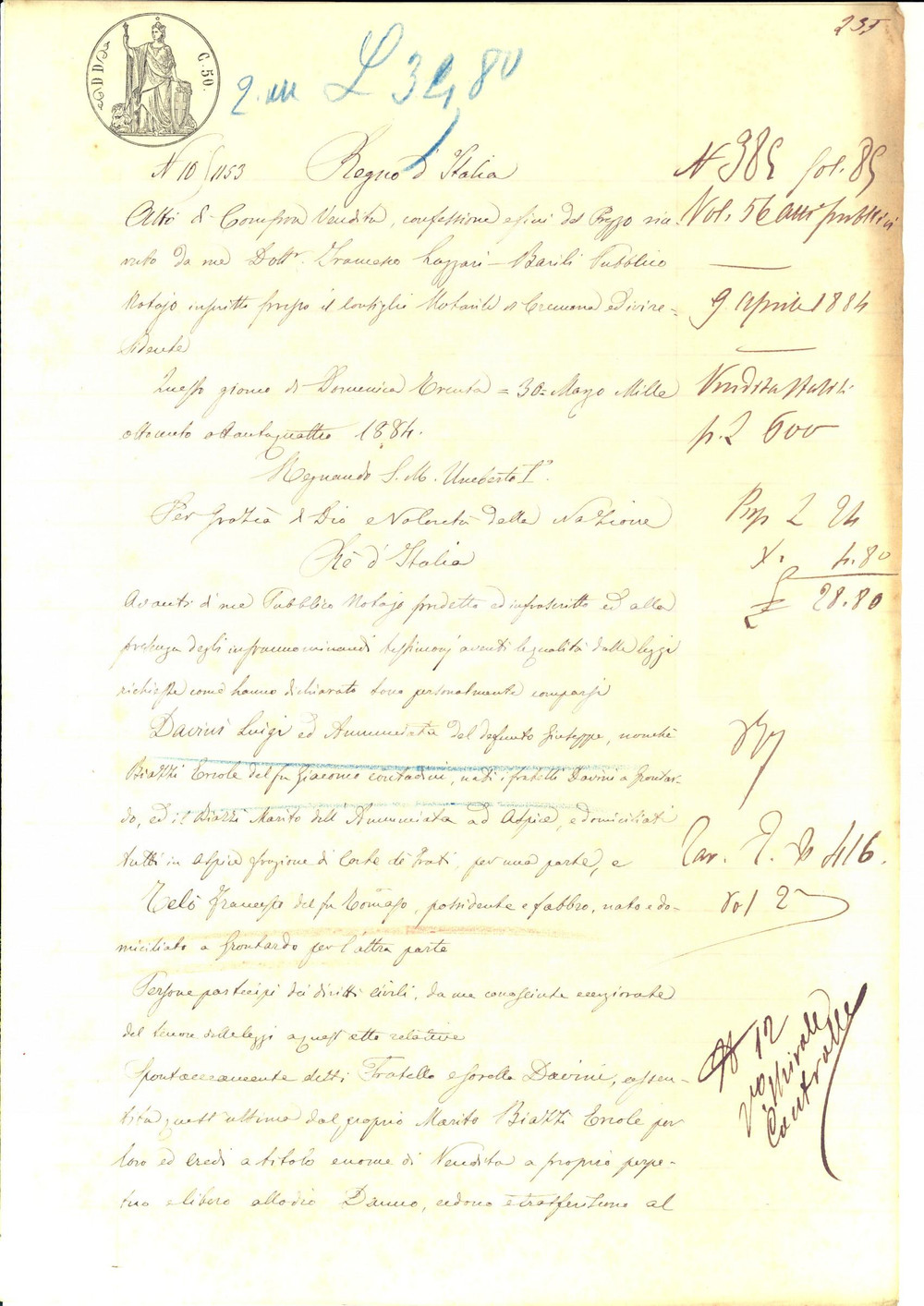Documento originale, autentico 1884 GRONTARDO Luigi e Annunciata DAVINI vendono casa a Francesco TELO 1