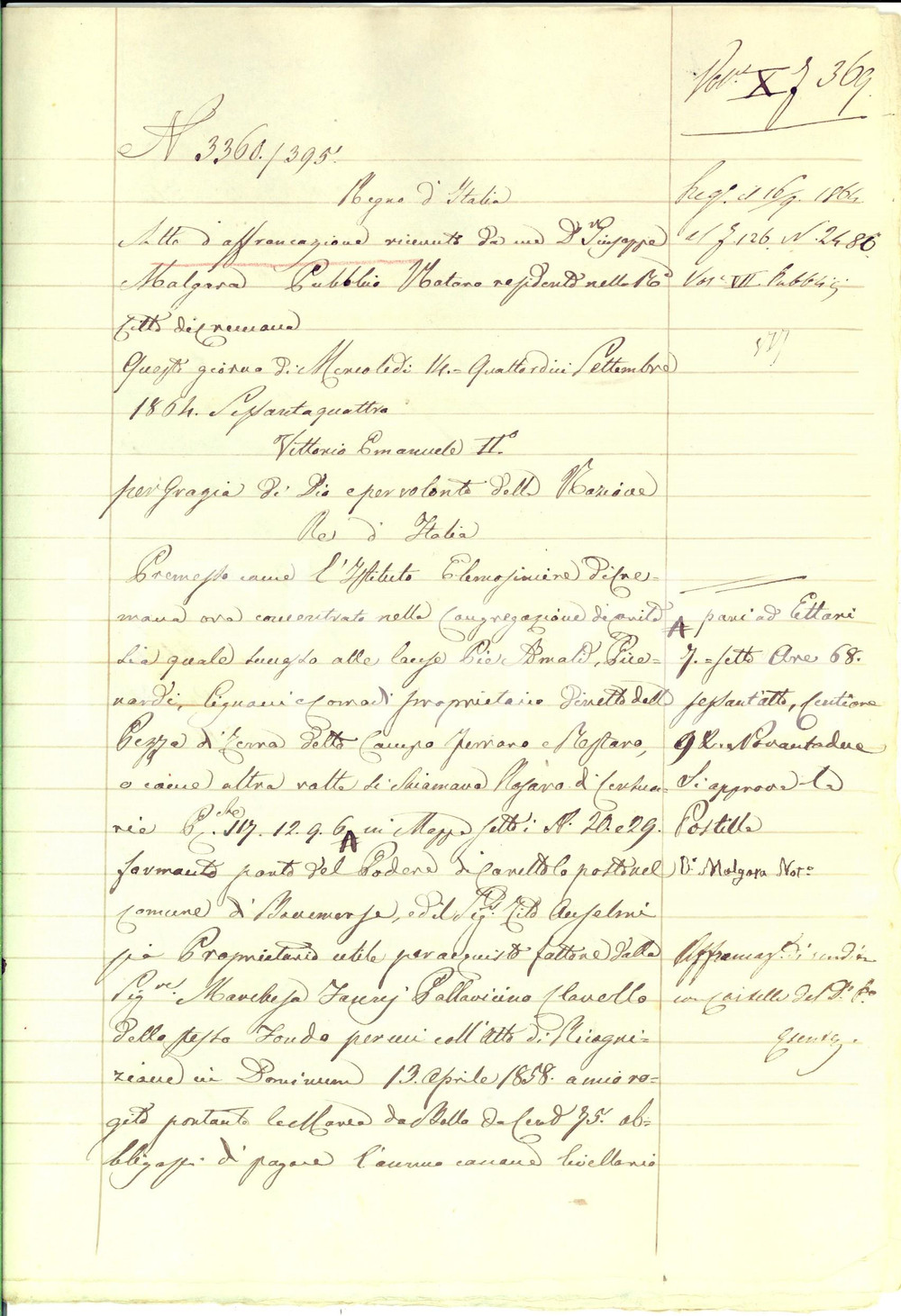 Documento originale, autentico 1864 BONEMERSE CR Atto di affrancazione Pio istituto CREMONA pro Milo ANSELMI 1