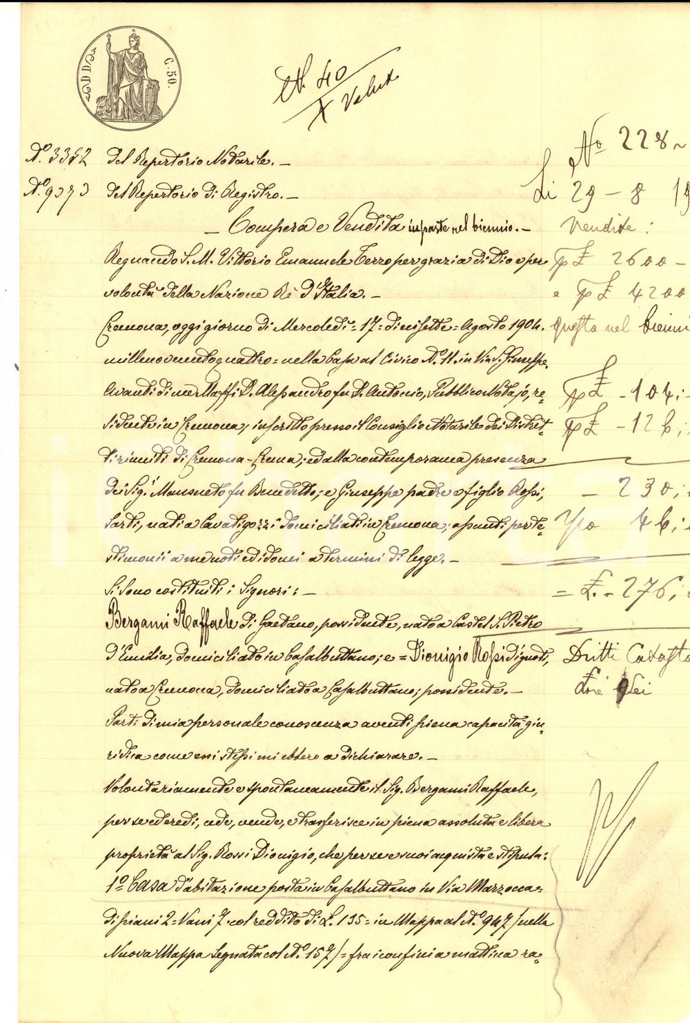 Documento originale, autentico 1904 CASALBUTTANO Raffaele BERGAMI vende casa via MAZZOCCA a Dionigio ROSSI 1