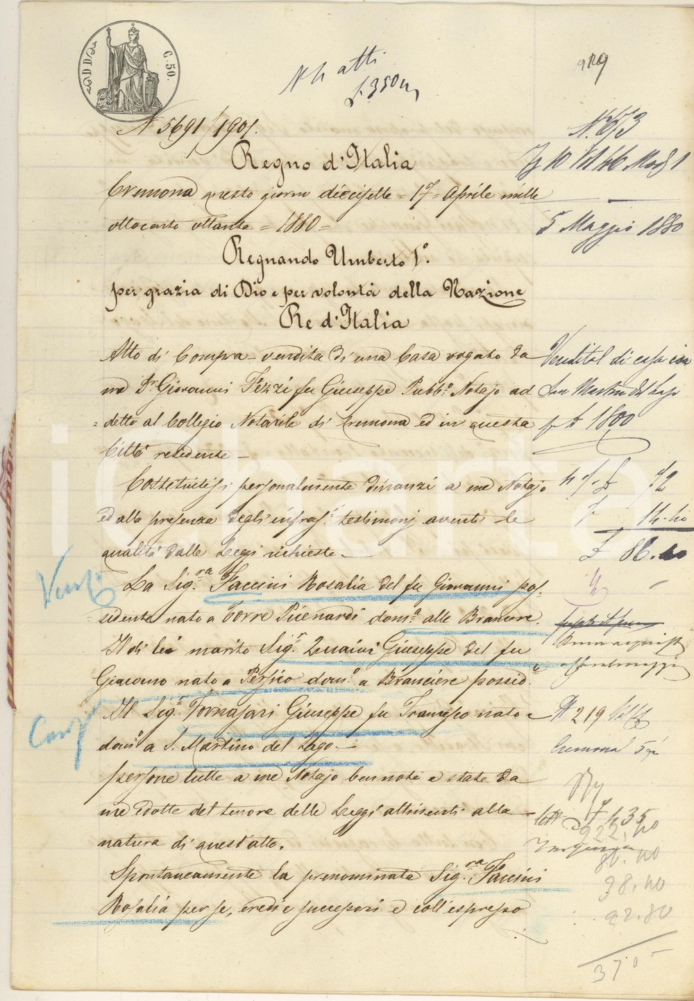 Documento originale, autentico 1880 SAN MARTINO DEL LAGO Rosalia FACCINI vende casa a Giuseppe FORNASARI 1