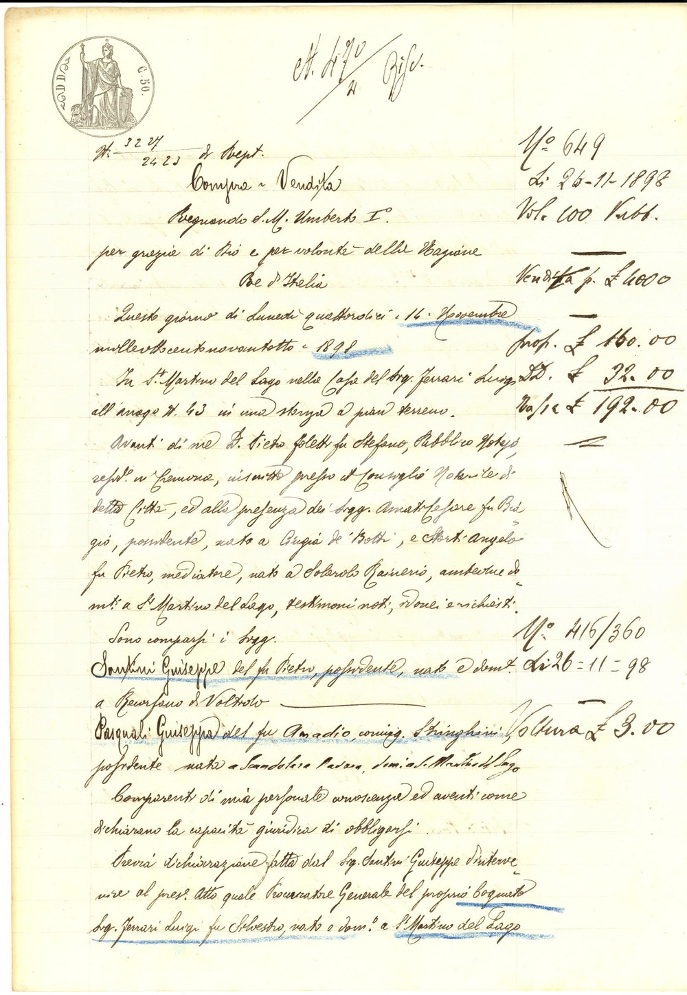 Documento originale, autentico 1898 SAN MARTINO DEL LAGO Luigi FERRARI vende campo BROLO a Giuseppa PASQUALI 1