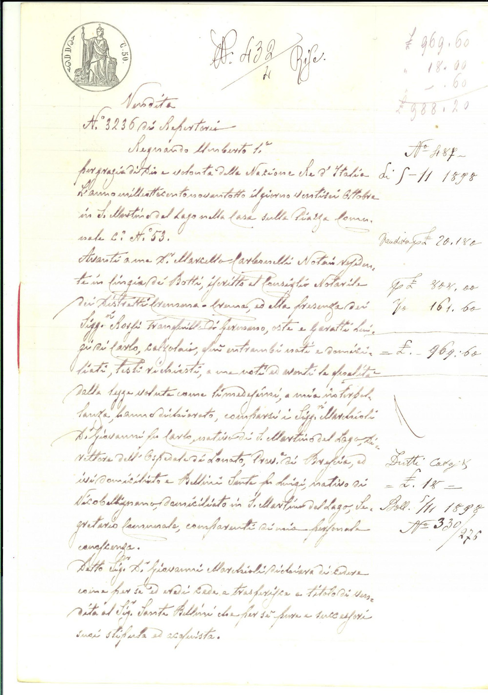 Documento originale, autentico 1898 SAN MARTINO DEL LAGO Giovanni MARCHIOLI vende casa a Sante BELLINI 1