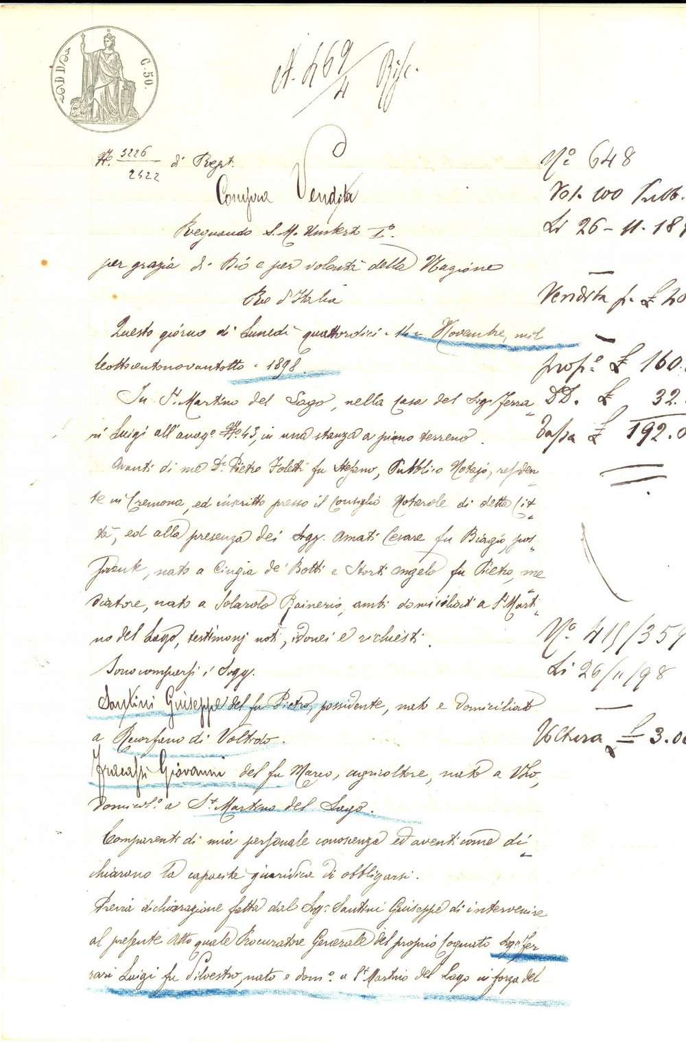 Documento originale, autentico 1898 SAN MARTINO DEL LAGO Luigi FERRARI vende campo a Giovanni FRACASSI 1