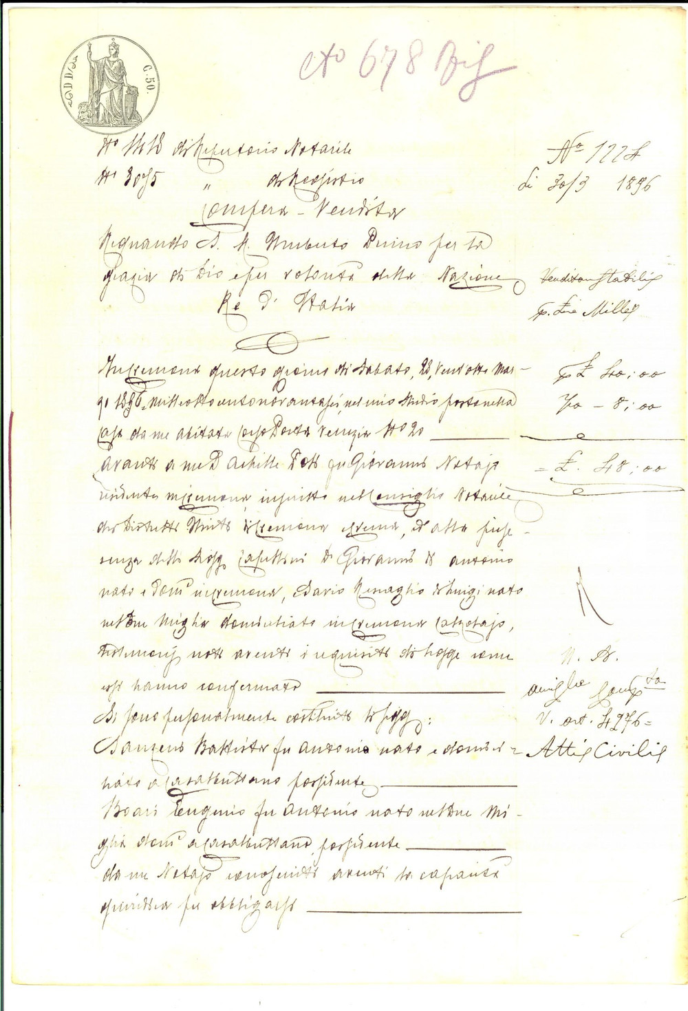 Documento originale, autentico 1896 CASALBUTTANO Battista SANZENI vende casa con orto a Eugenio BOARI 1