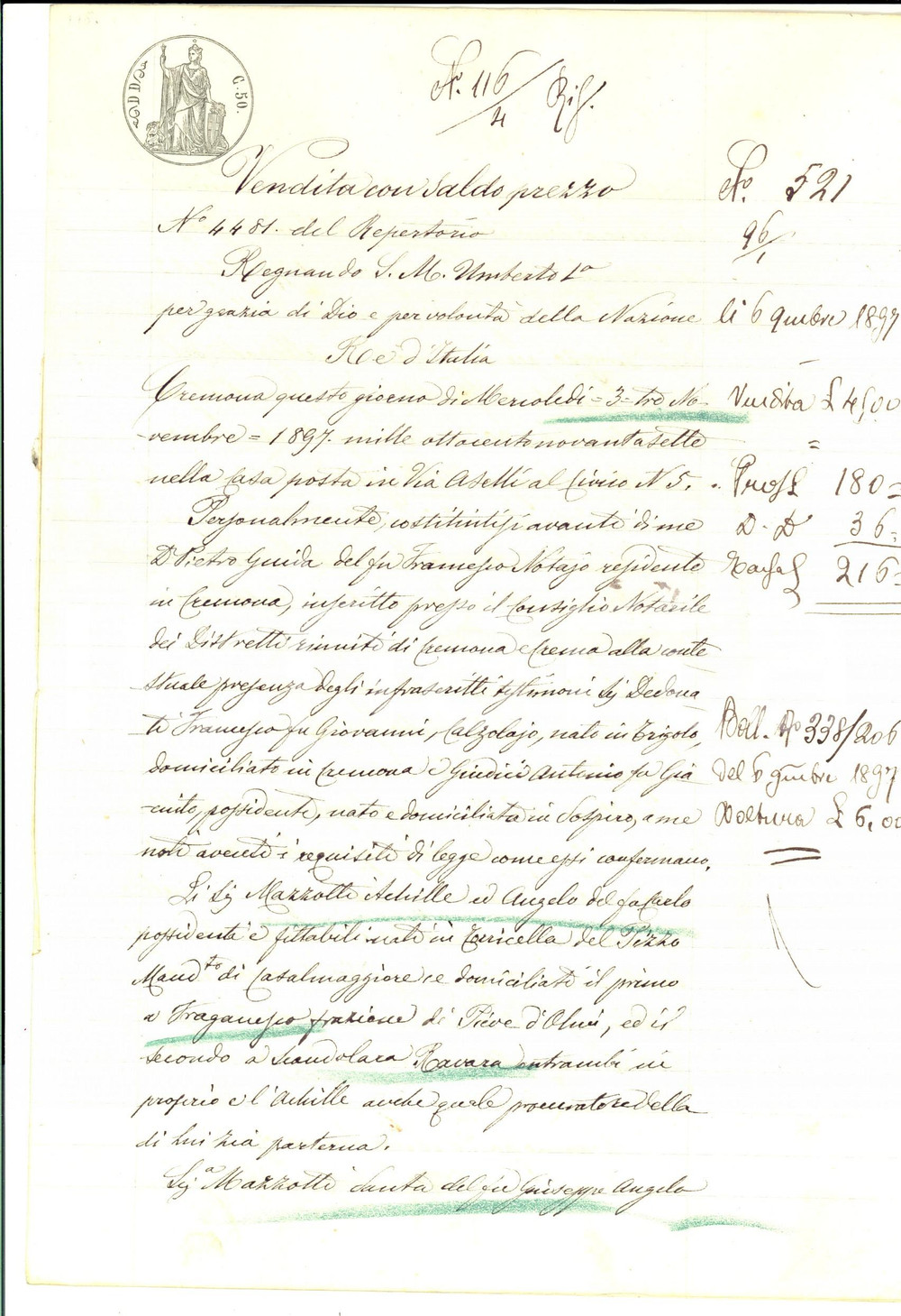 1897 SCANDOLARA RAVARA Fratelli MAZZOTTI vendono campo SALESITO a Luigi RONCHI